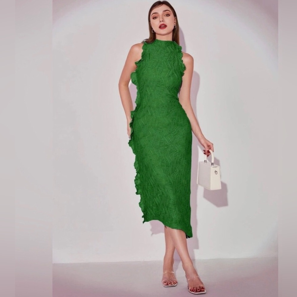 Sleeveless Lettuce Trim Green Textured Dress